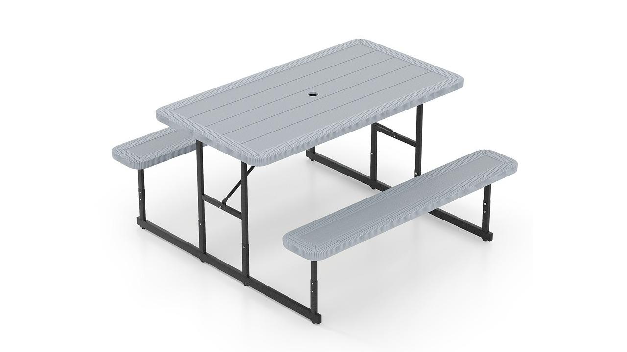 Costway 2-4 People Metal Frame Picnic Table Bench Set with Umbrella Hole - Grey
