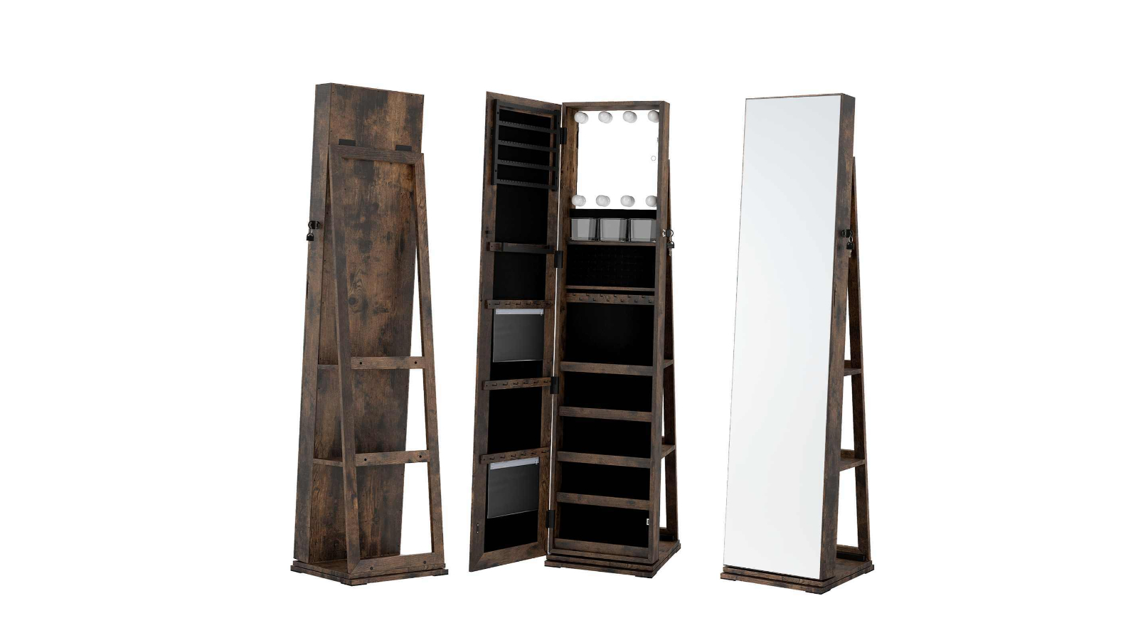 Costway 360 SwivelCabinet Lockable Freestanding Jewellery Storage with Aluminum Mirror Light - Brown