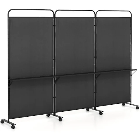Costway 3-Panel Rolling Portable Privacy Screen Wall Seperator with Metal Shelves - Black