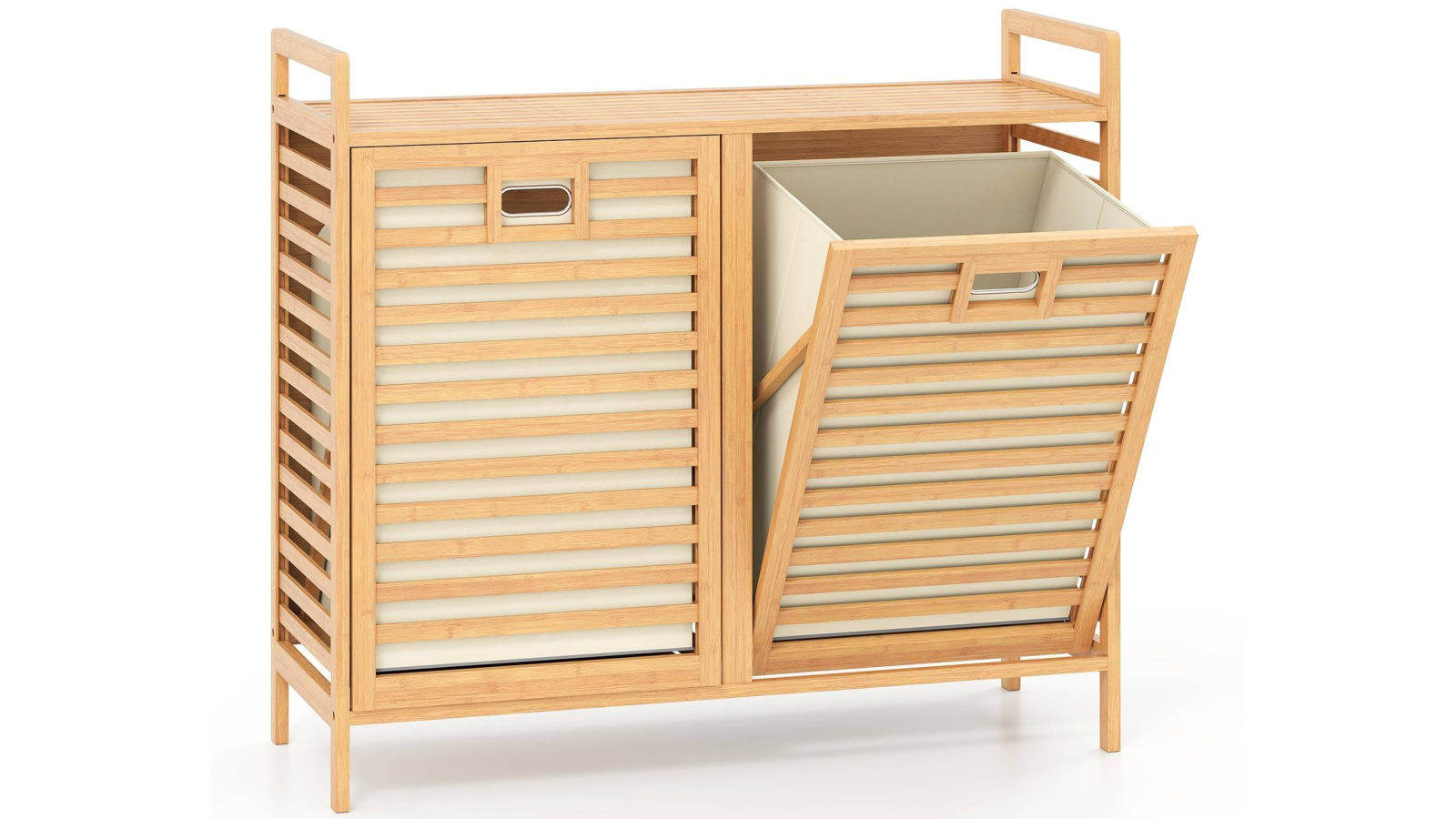 Costway 75L Bamboo Laundry Hamper with 2 Removable Bins Tilt-Out Design and Top Shelf - Natural