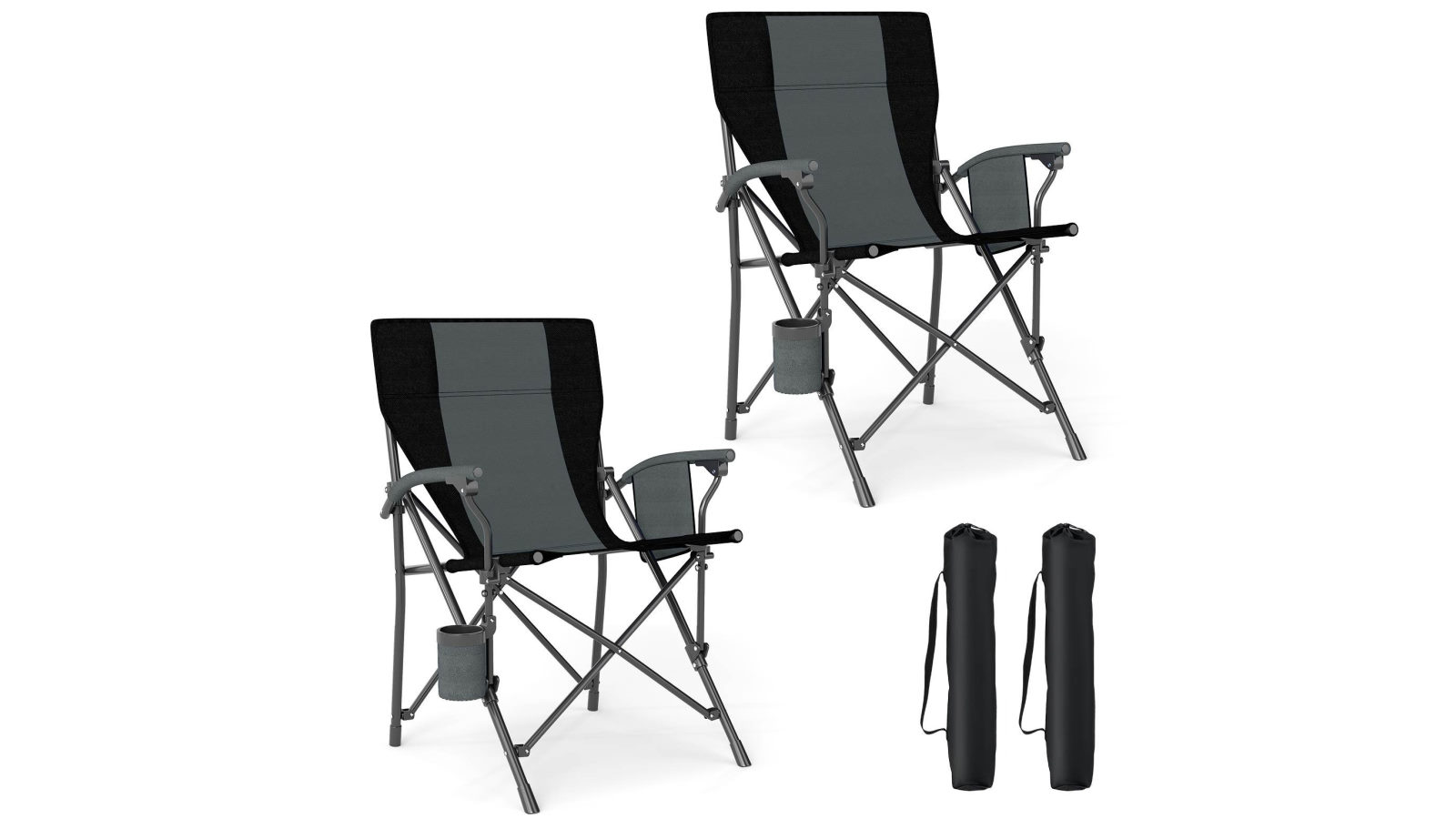 Costway 2 x Folding Outdoor Oxford Cloth Lawn Seating Camping Chair with Cup Holder Side Pocket - Black