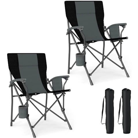 Costway 2 x Folding Outdoor Oxford Cloth Lawn Seating Camping Chair with Cup Holder Side Pocket - Black