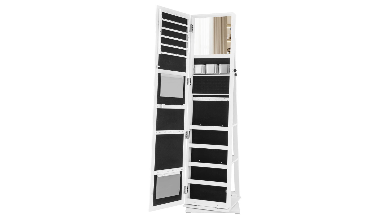 Costway 360 Swivel Armoire Standing Jewelry Organizer with Full Length Mirror and Back Shelves - White