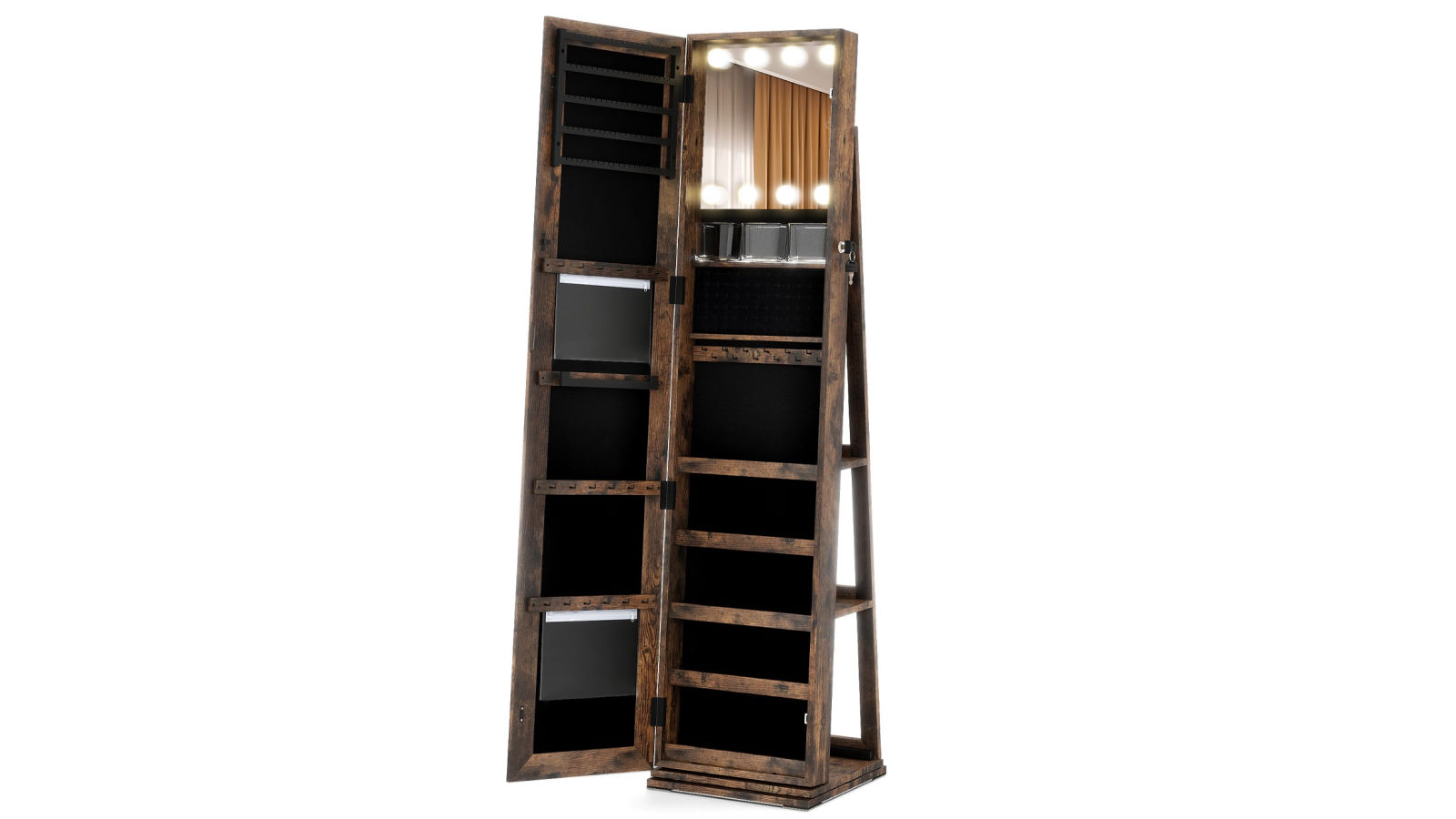 Costway 360 Swivel Freestanding Jewelry Storage Organiser with Mirror LED Lights - Brown