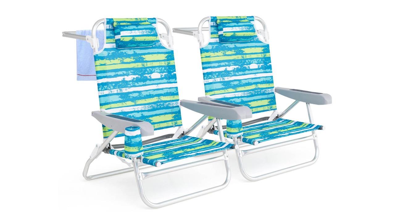 Costway Pack of 2 Backpack Beach Chair with 5-Position Backrest Head Pillow and Cup Holder - Green
