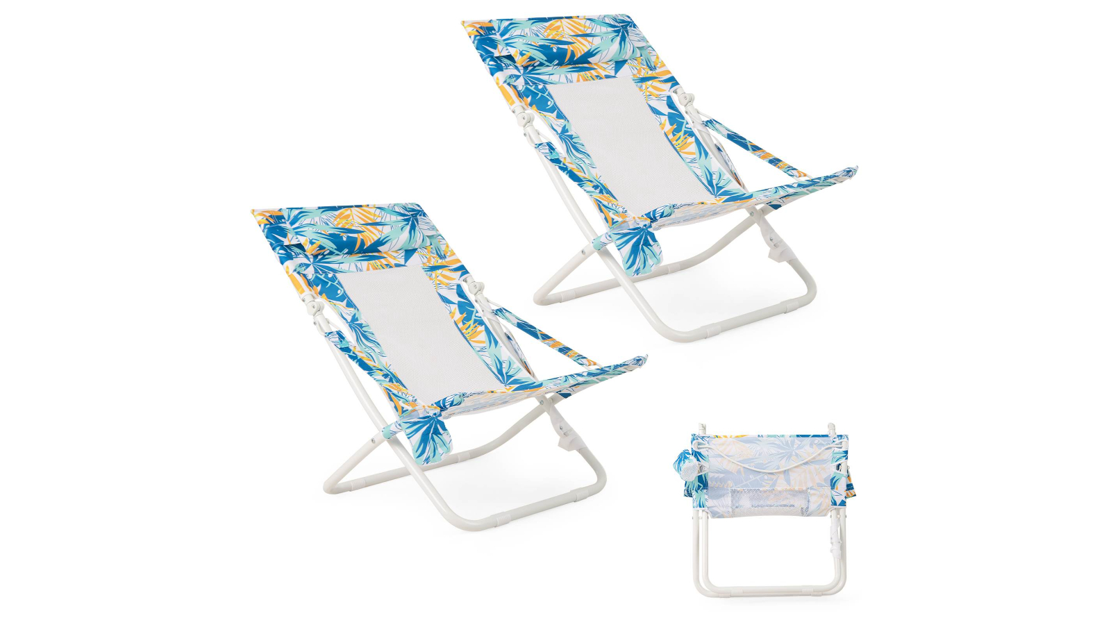 Costway Pack of 2 Folding Camping Chair with Padded Head Pillow Mesh Back and Cup Holder - Blue