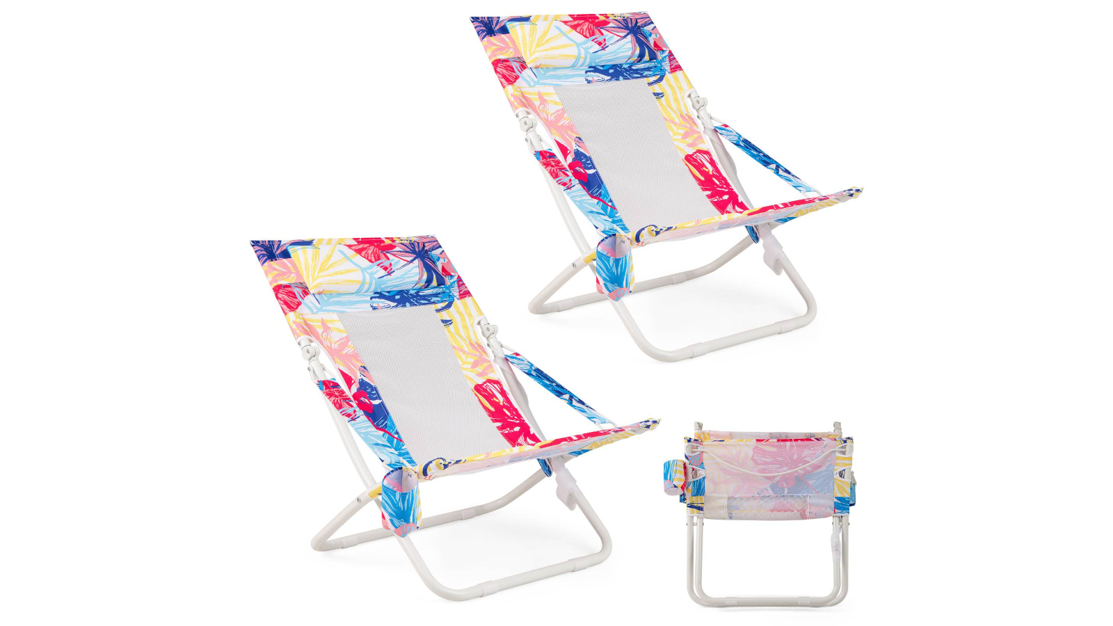 Costway Pack of 2 Folding Camping Chair with Padded Head Pillow Mesh Back and Cup Holder - Pink