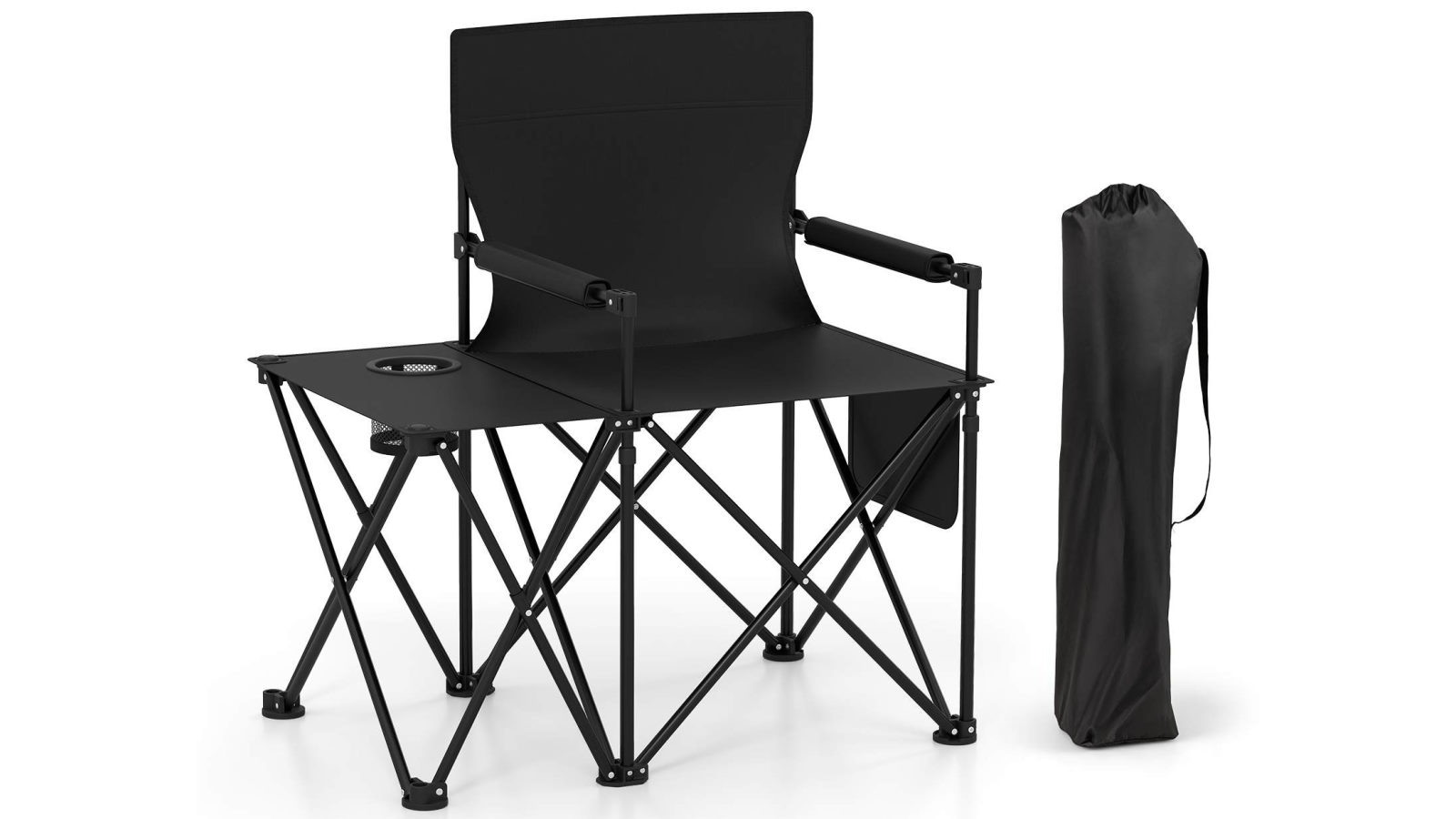Costway Folding Camping Chair with Side Table 2 Storage Pockets Cup Holder - Black