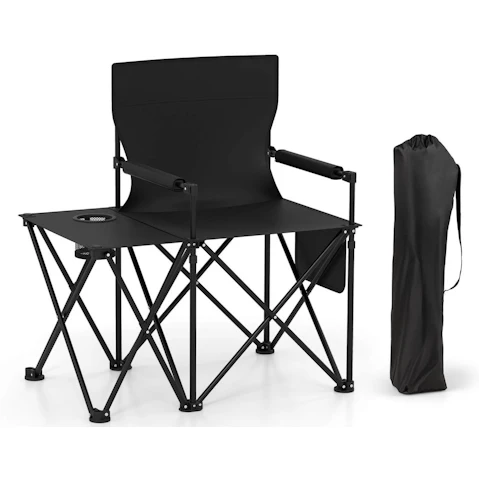 Costway Folding Camping Chair with Side Table 2 Storage Pockets Cup Holder - Black