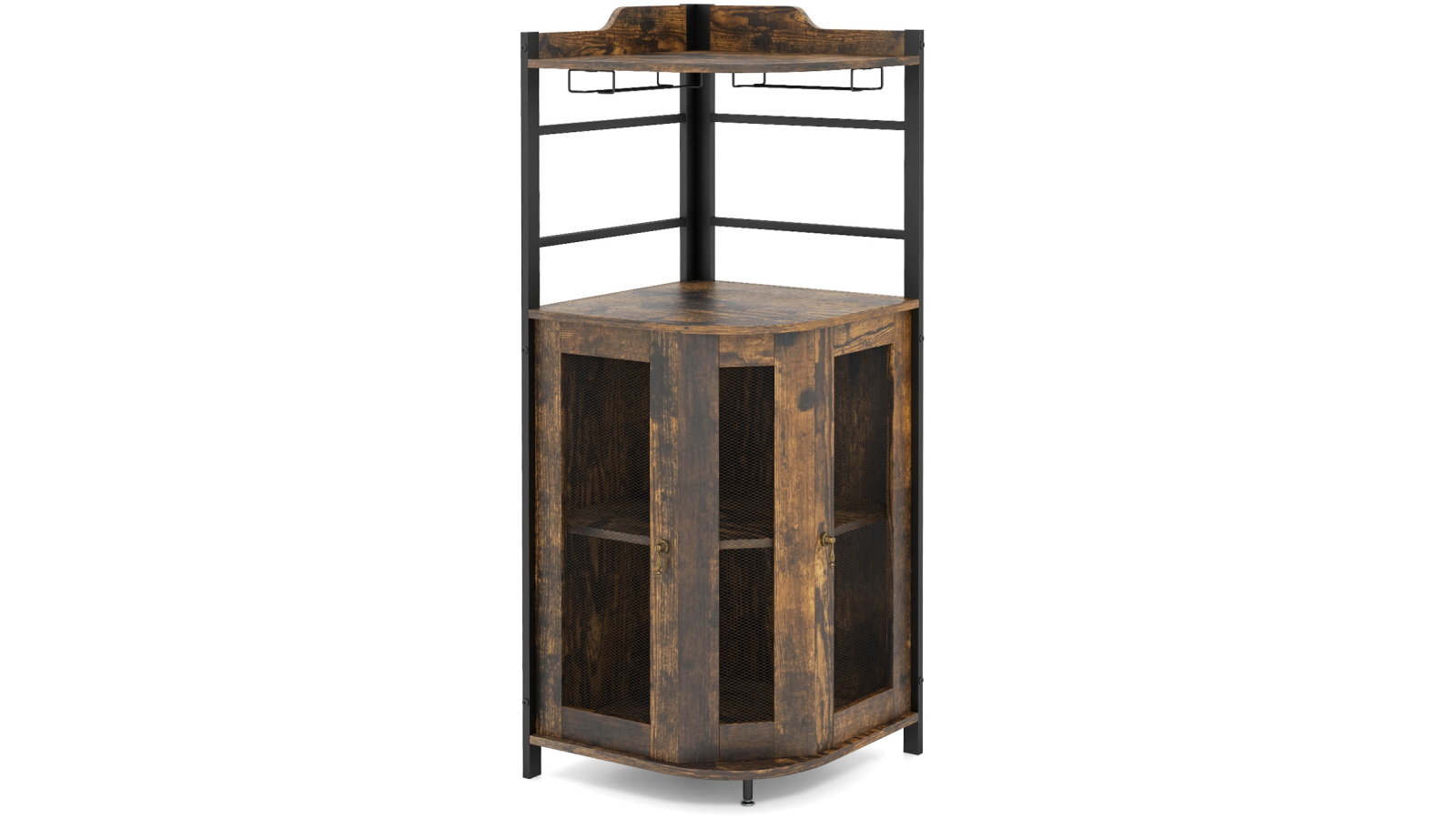 Costway Liquor Wine Corner Cabinet with Glass Holder - Rustic Brown