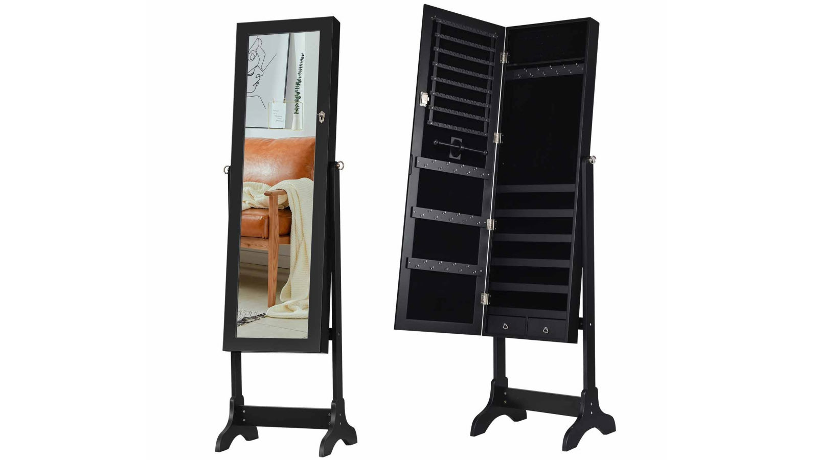 Costway Jewellery Cabinet Makeup Storage Organiser with Full-Length Mirror Floor Jewellery Armoire - Black