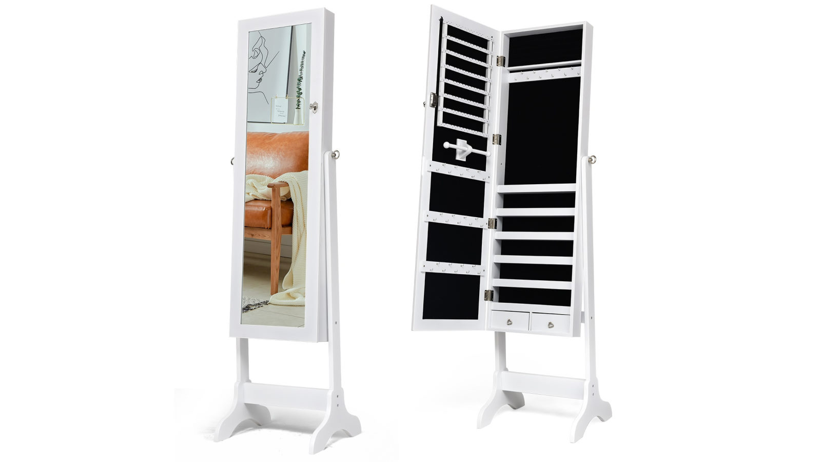 Costway Jewellery Cabinet Makeup Storage Organiser with Full-Length Mirror Floor Jewellery Armoire - White