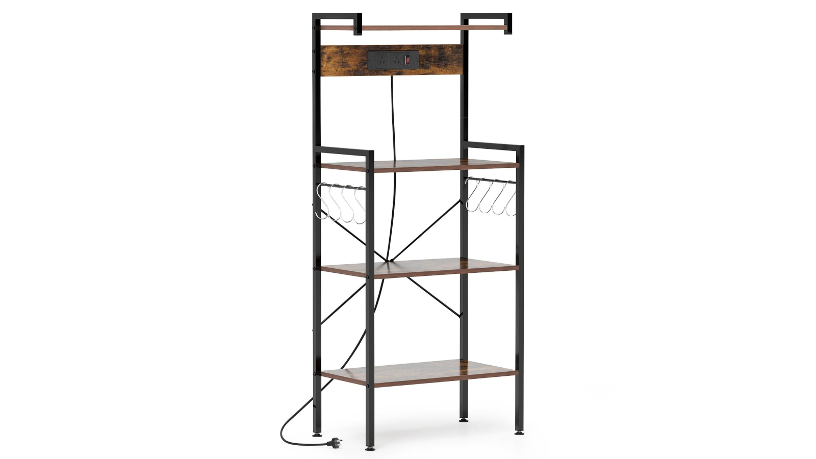 Costway 4-Tier Kitchen Bakers Rack with Power Outlet, 8 S-Hooks and Microwave Stand