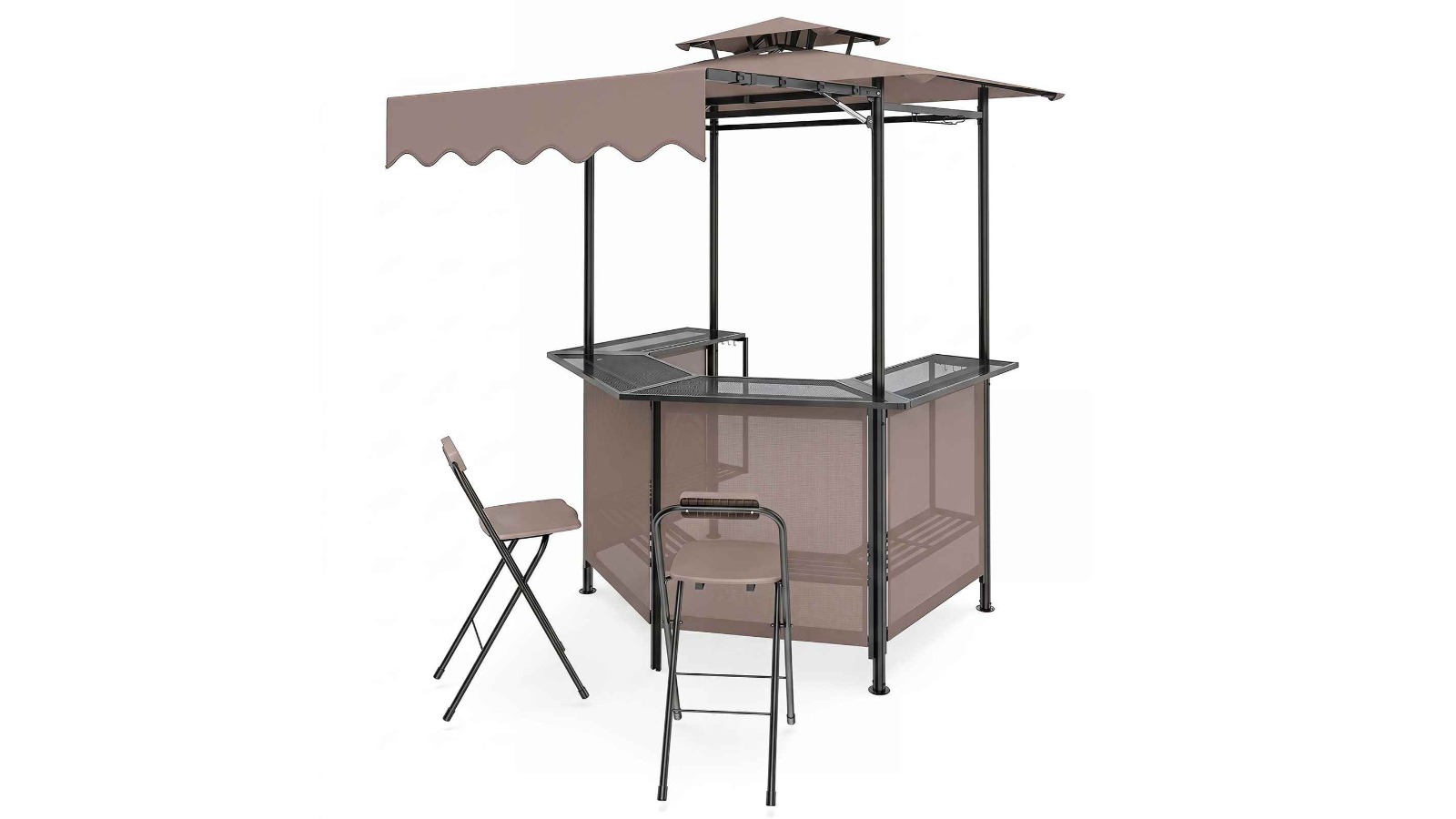 Costway Patio Bar Set Gazebo and 2-Folding Stool with Awning Metal Frame - Brown
