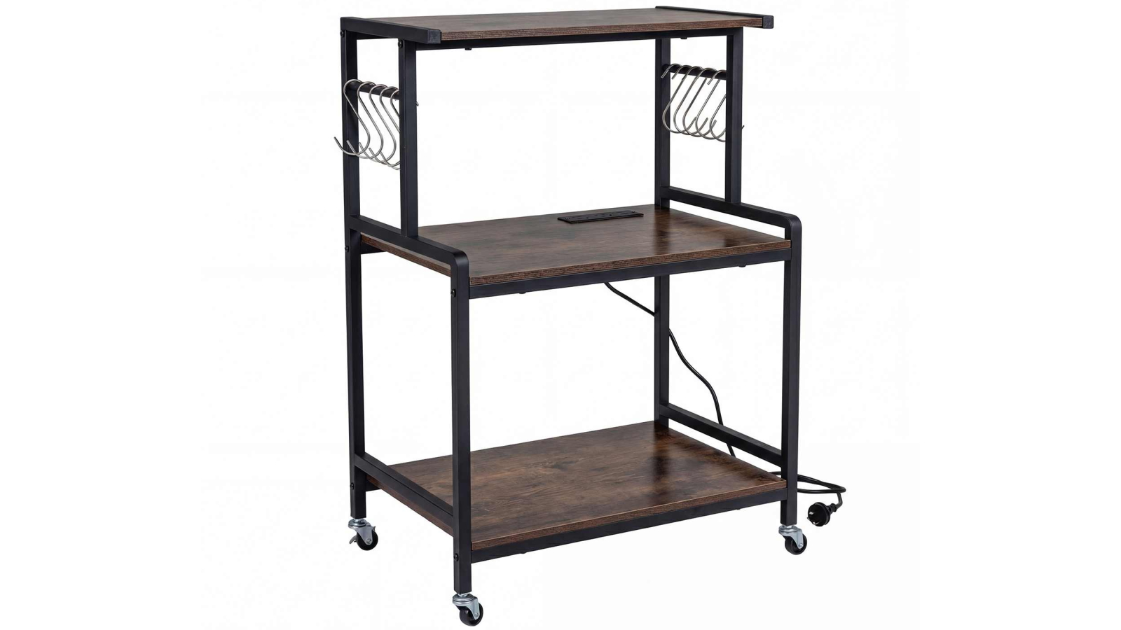 Costway 3-Tier Utility Cart Bakers Rack with Power Outlets, 10 Hooks and Microwave Stand - Brown