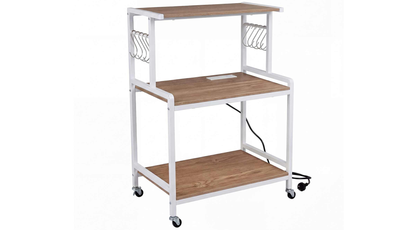 Costway 3-Tier Kitchen Rolling Utility Cart with Power Outlets, Microwave Stand and 10 Hooks