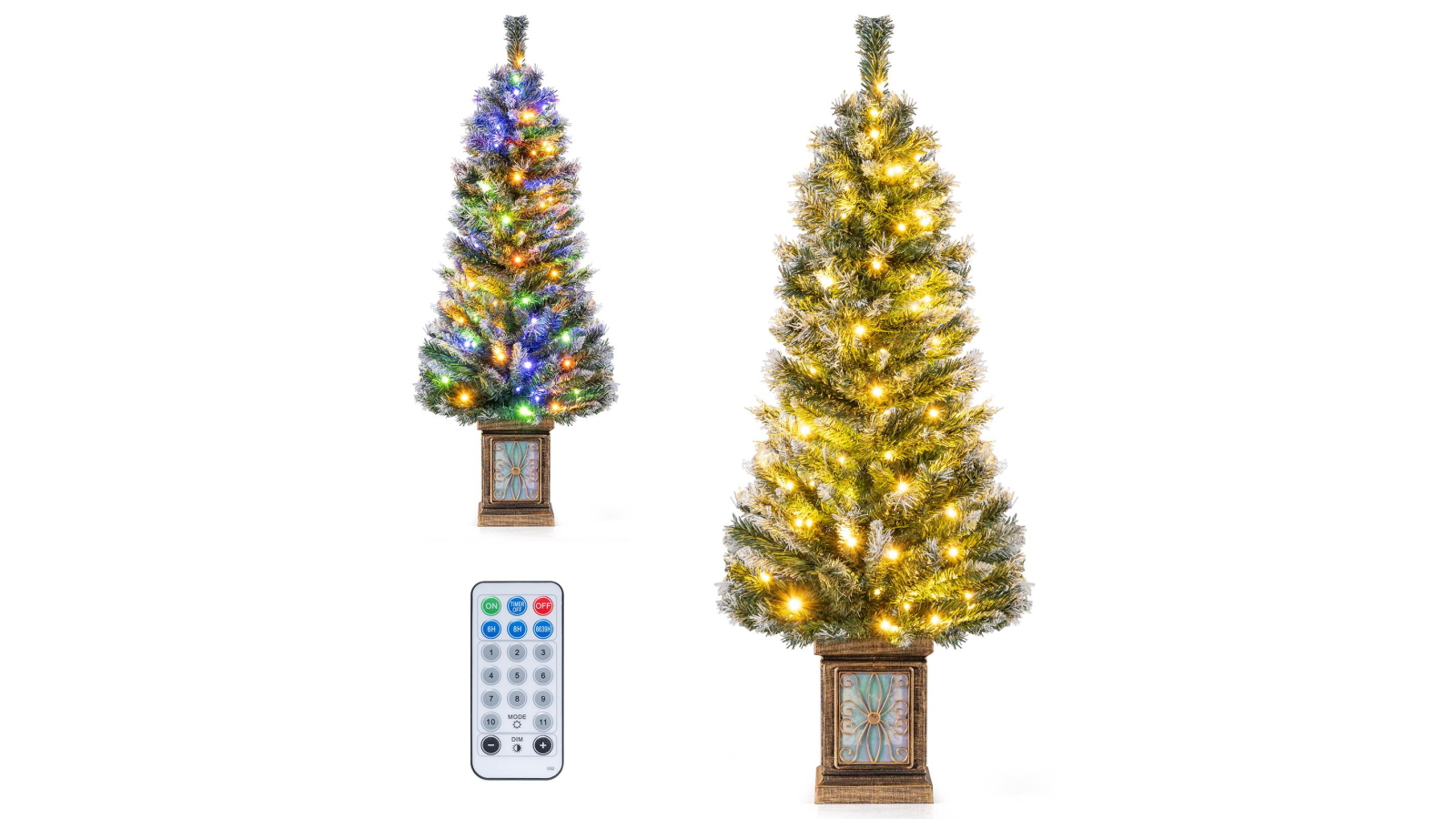 Costway Pre-lit Artificial Potted Christmas Tree with Snowy Tips and LED Timer Lights
