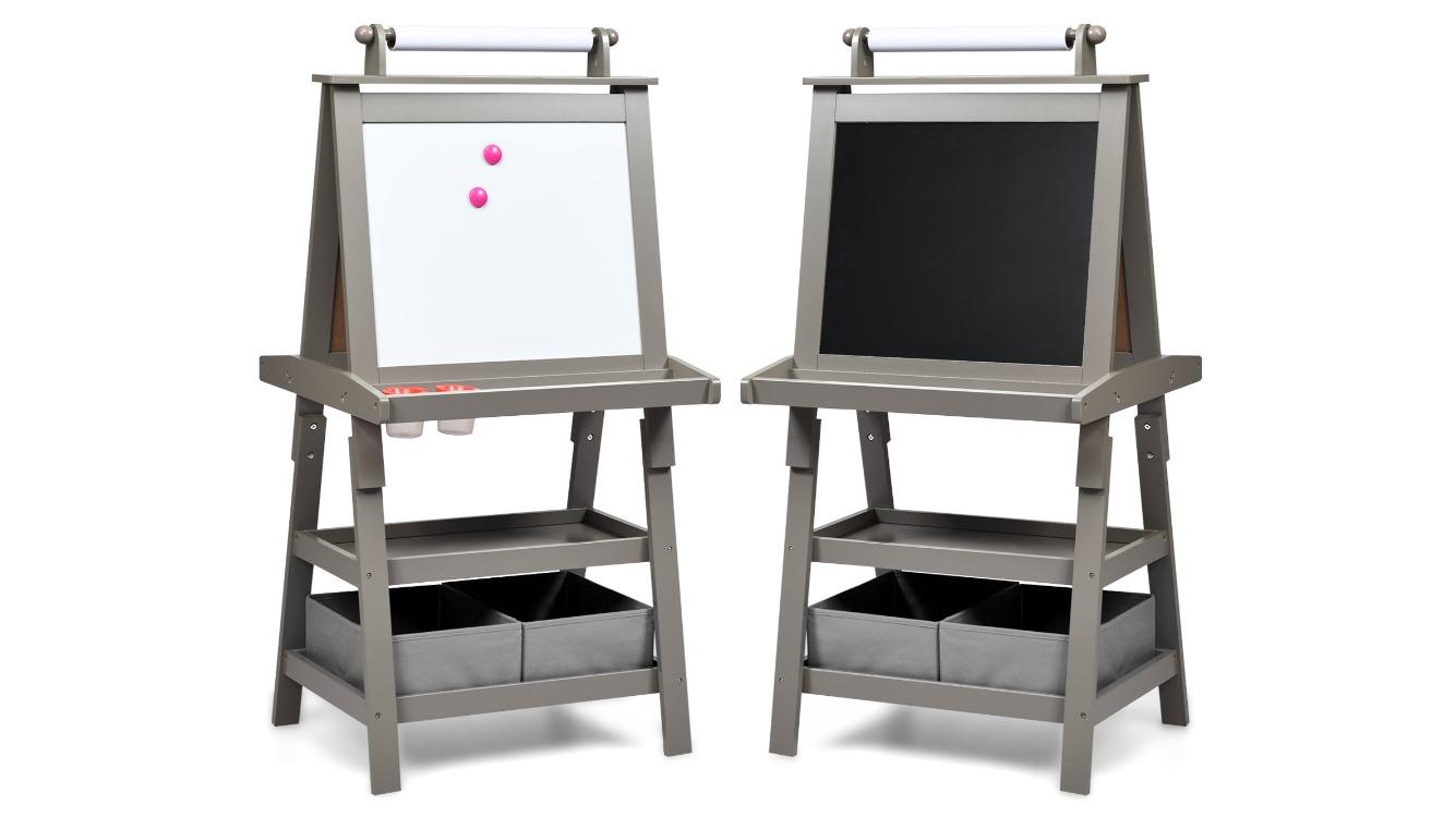 Costway Kids Art Painting Easel Whiteboard/Chalkboard Stand with Drawing Paper - Grey