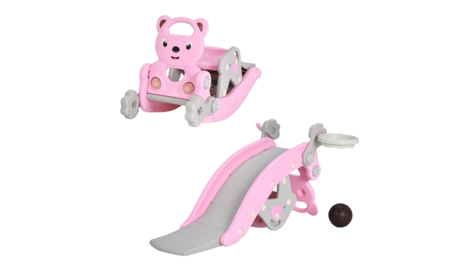 Costway 4-in-1 Rocking Horse Play Slide and Basketball Hoop Ring Set - Pink