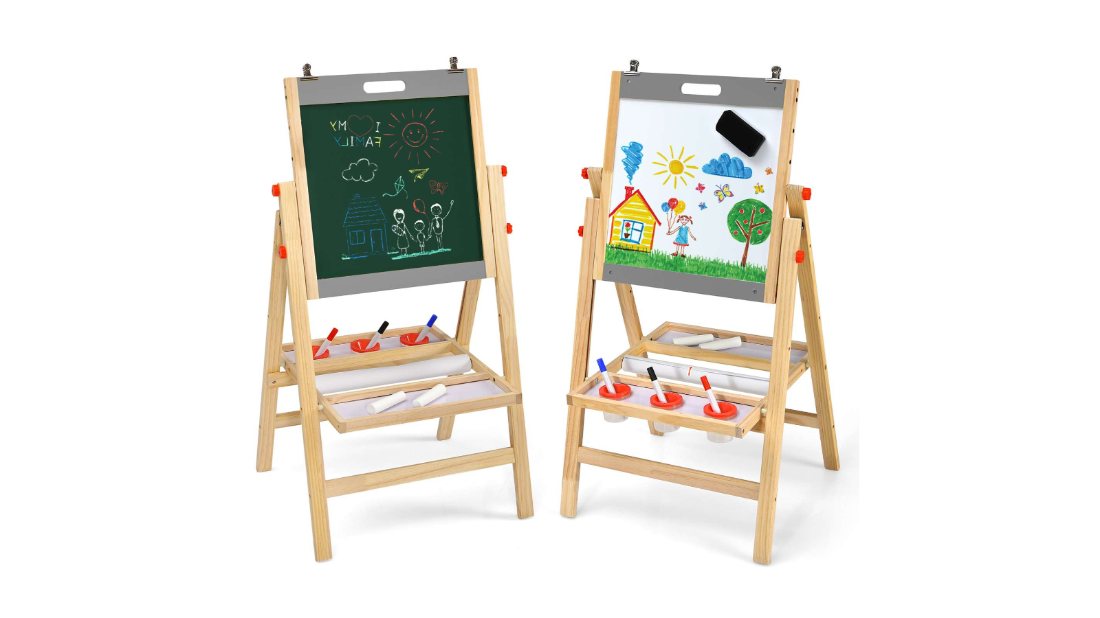 Costway 3-in-1 Dual-Side Chalkboard and Whiteboard Adjustable Art Easel - Wood