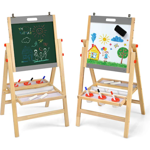 Costway 3-in-1 Dual-Side Chalkboard and Whiteboard Adjustable Art Easel - Wood