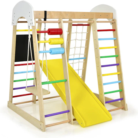Costway 8-in-1 Climb Wooden Climb Playset with Swing Slide and Climb Board - Multi-Coloured