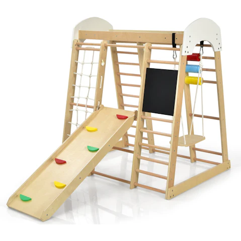 Costway 8-in-1 Wooden Climb Play Set with Swing Slide and Climb Board - Natural