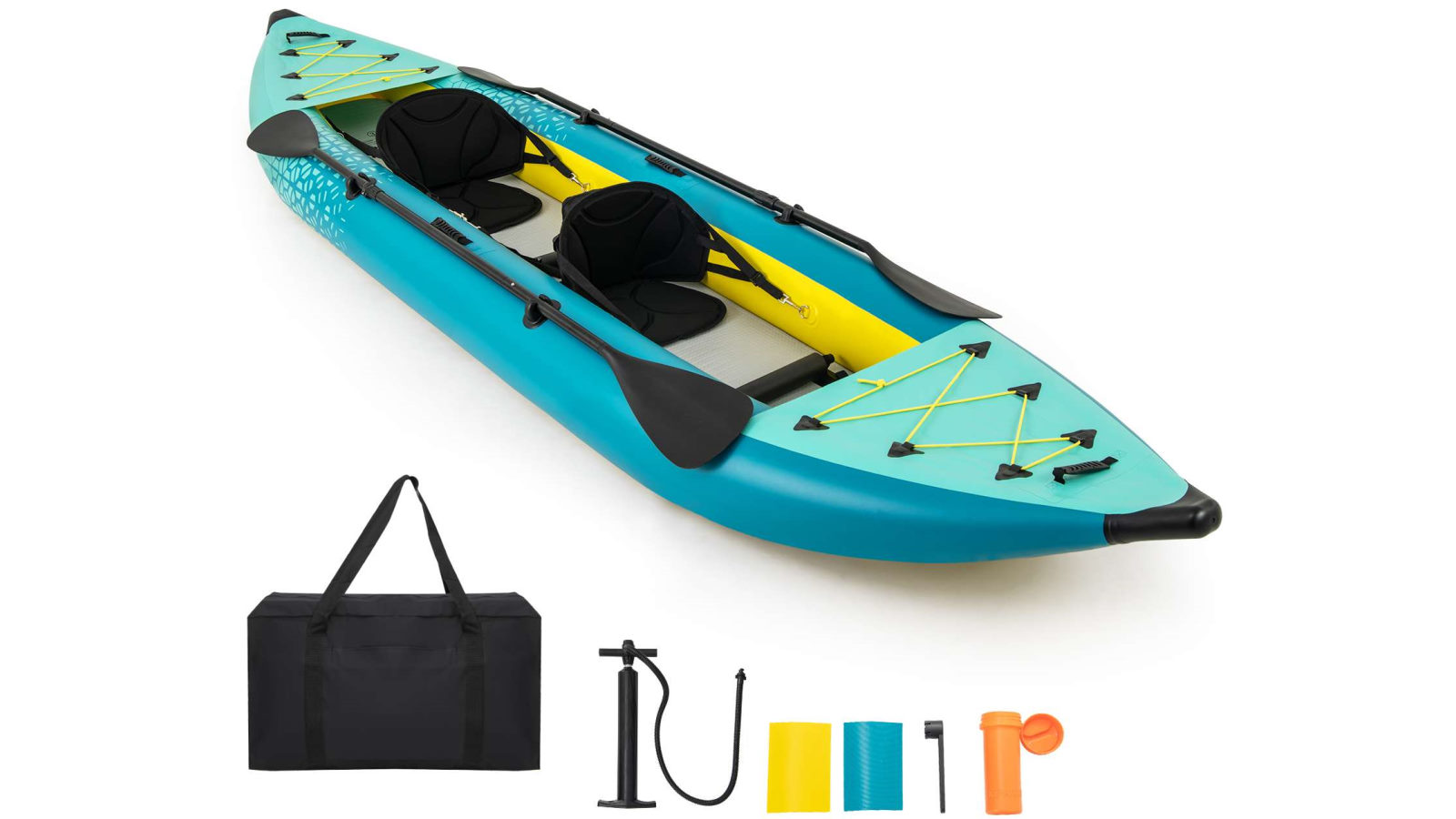 Costway 2 Person Inflatable Kayak Set with Aluminium Oars and Carry Bag Portable Padded Kayak Boat - Blue