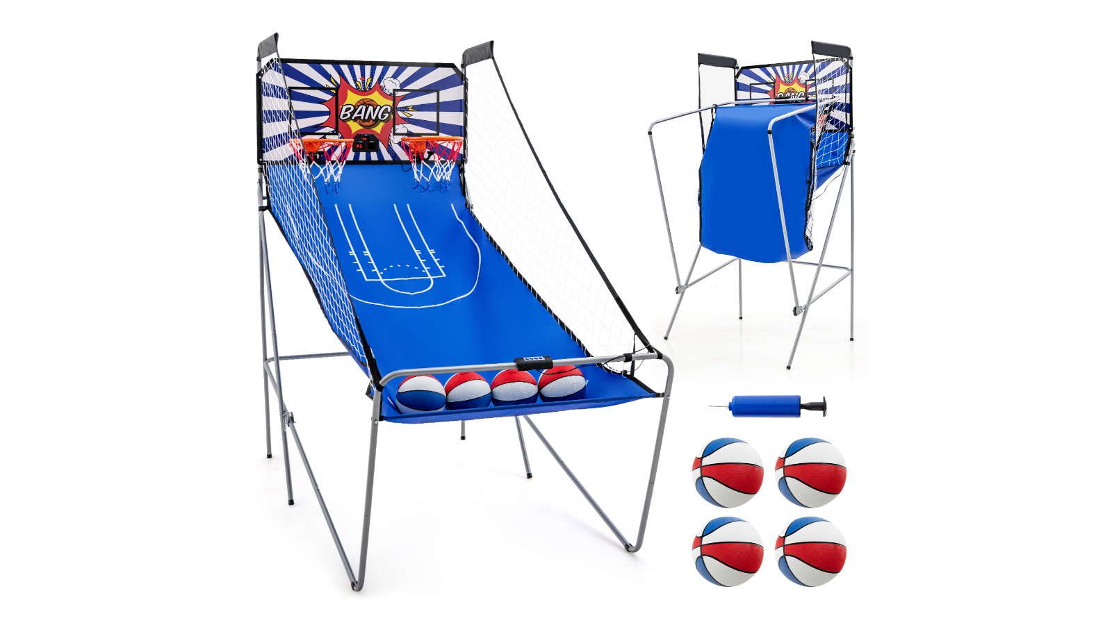 Costway Foldable Electronic Arcade Dual Basketball Game Set with 4 Balls and Hand Pump