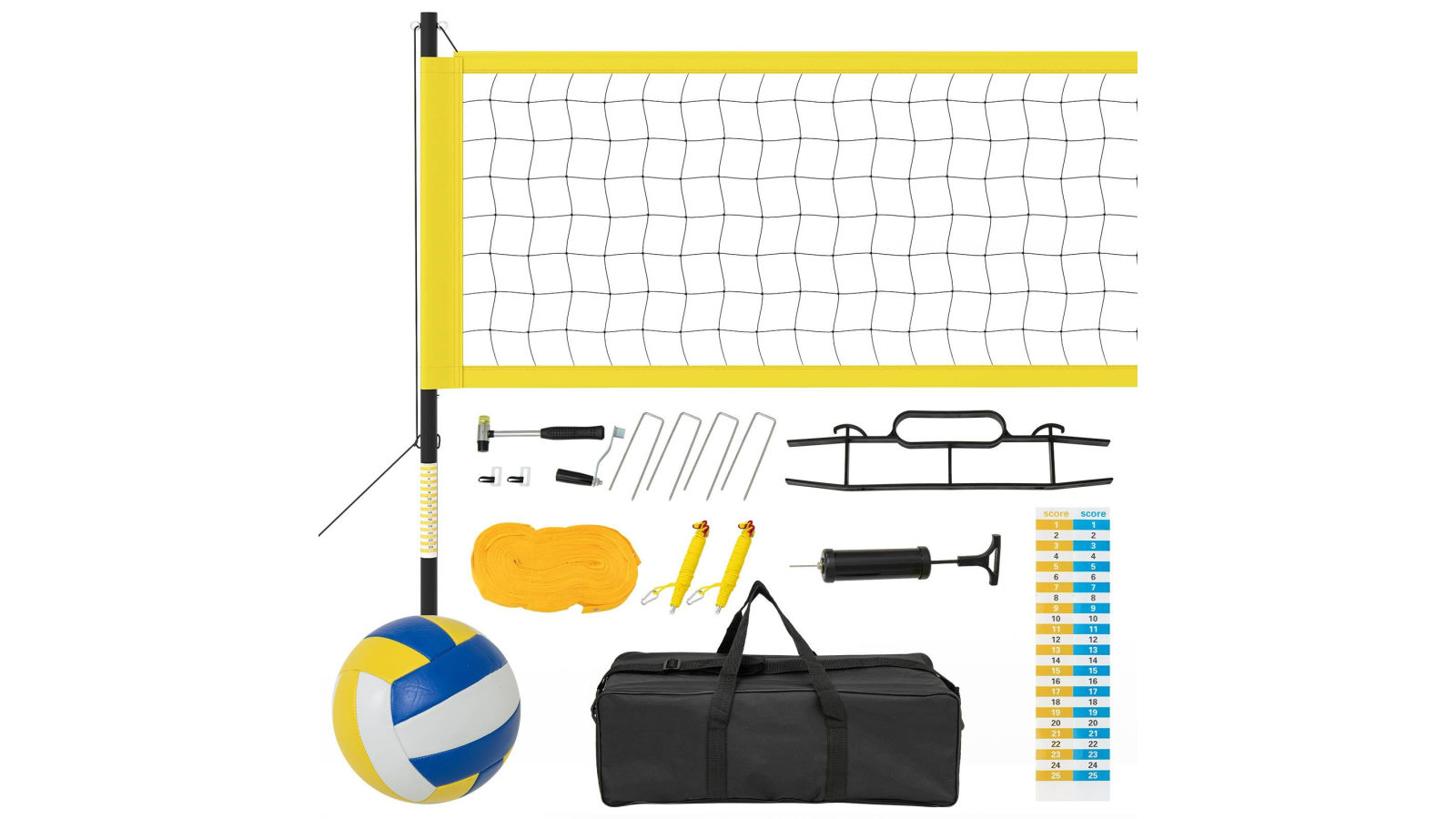 Costway Adjustable Portable Volleyball Net Set with Ball Boundary Line & Anti-Sag Design Badminton Tennis - Yellow