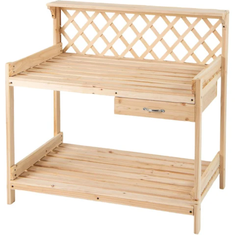 Costway Garden Potting Bench Table Wooden Plant Work Station with Lattice Trellis Removable Drawer Top