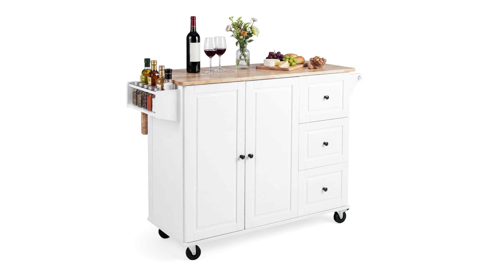 Costway Kitchen Island Trolley Dining Cart with 3 Drawers, 2 Door and Adjustable Shelf