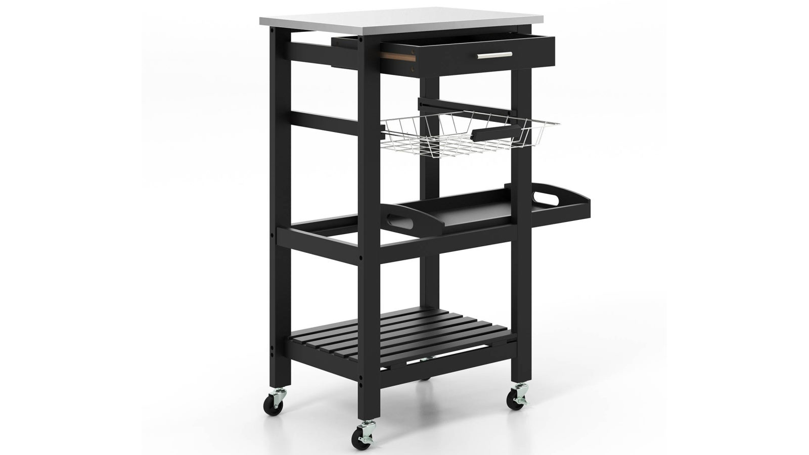 Costway 5-Tier Kitchen Storage Cart Serving Trolley with Stainless Steel Tabletop Food Tray Shelf - Black