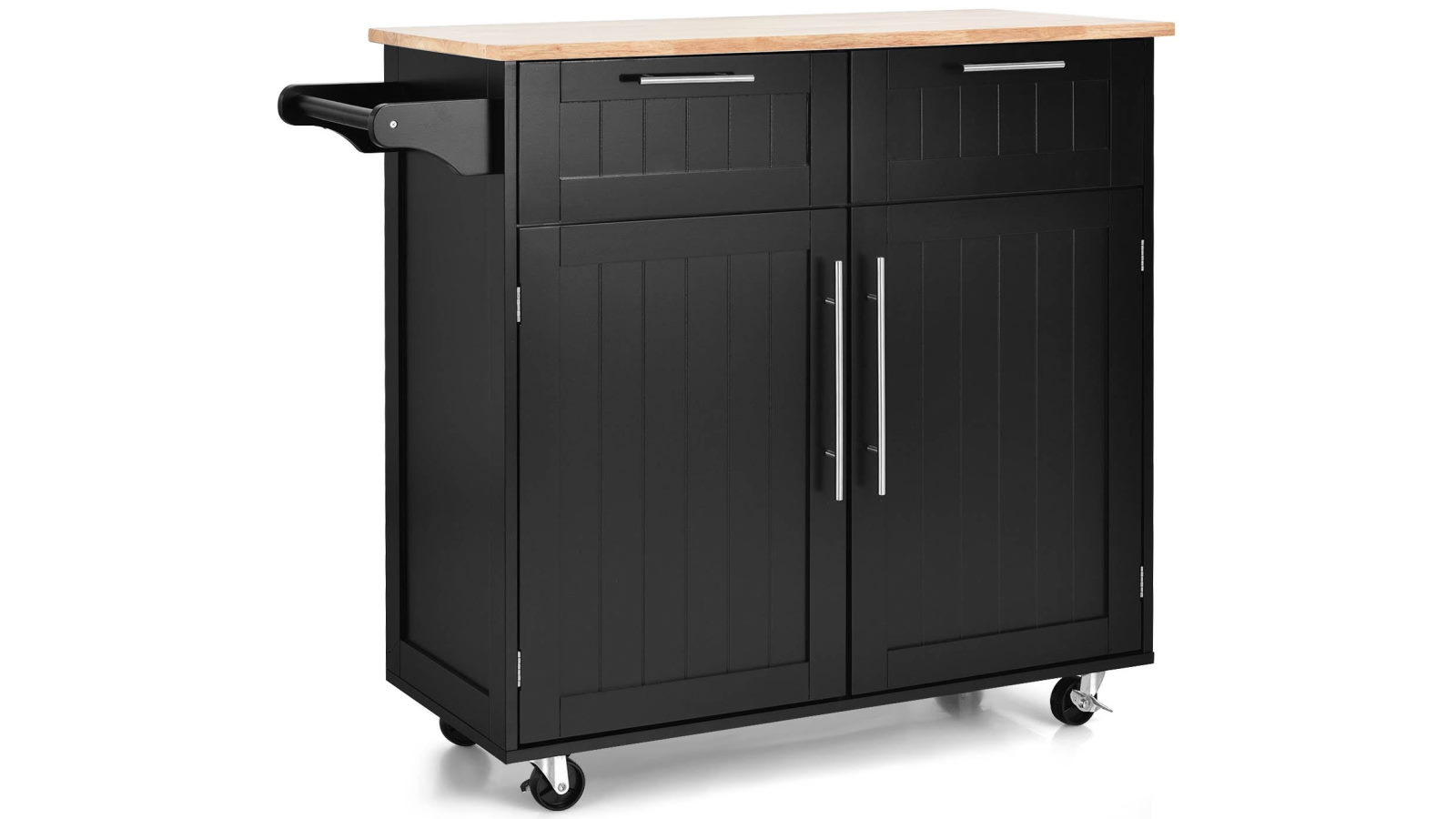 Costway Kitchen Island Trolley Serving Cart Rolling Storage Cabinet with Rubber Wood Top/Towel Rack/Drawer - Black