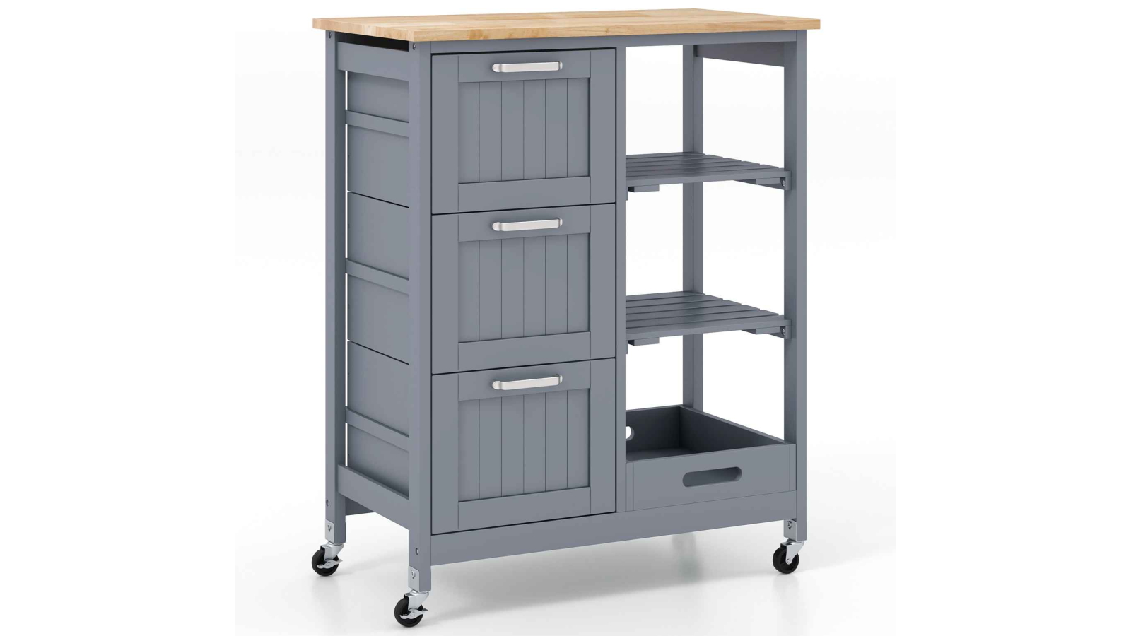 Costway Kitchen Island Trolley Storage Dining Cart with Removable Tray, 2 Shelf and 3 Drawer - Grey