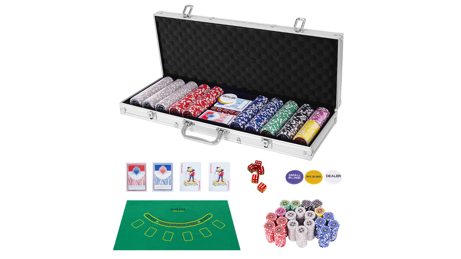 Costway Set of 500 Poker Chip Texas Hold'em Casino Playing Cards Dice Gamble Game - Silver