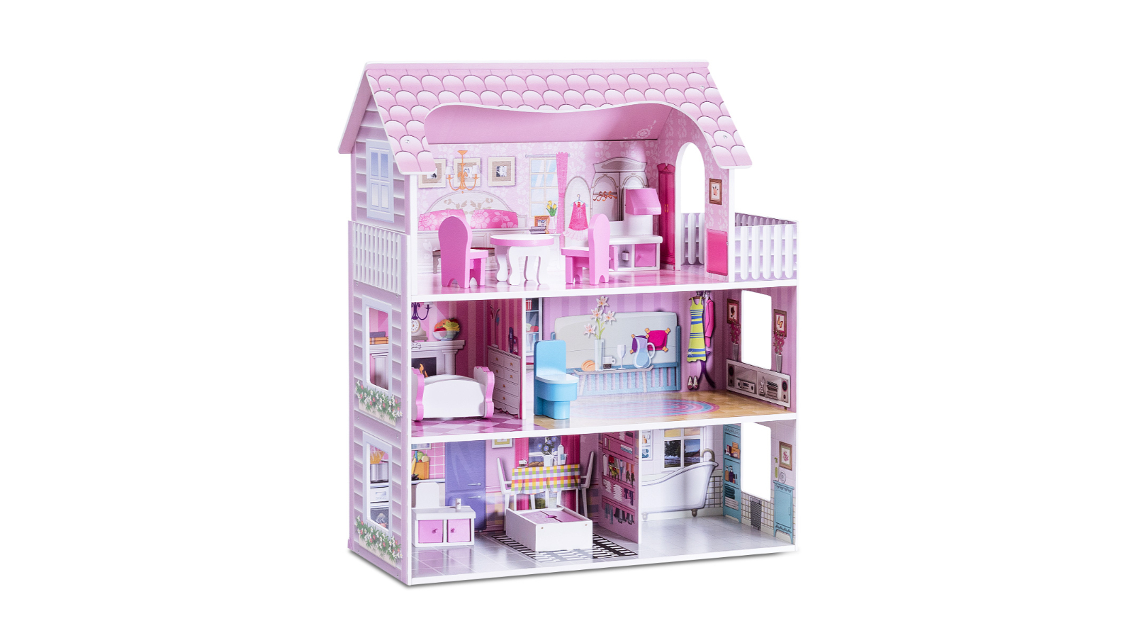 Costway 3-Tier Wood Full Furniture Doll House Playset
