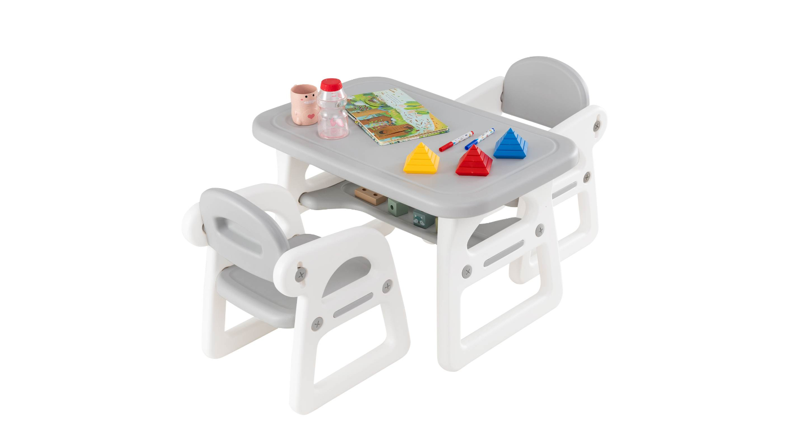 Costway 4-in-1 Grey Kids Table and Chair Set with Detachable Blackboard