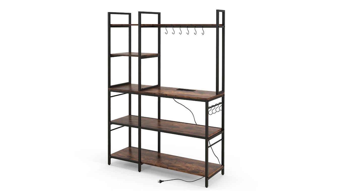 Costway 5-Tier Coffee Bar Bakers Rack Microwave Stand with Power Outlet - Rustic Brown