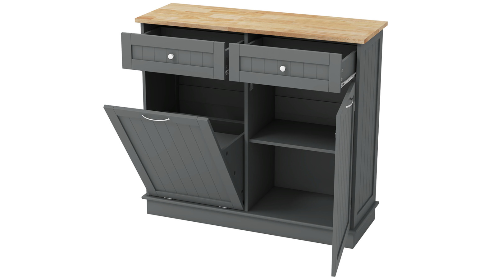 Costway Tilt Out Trash Bin Grey Cabinet with Drawer and Door Shelf