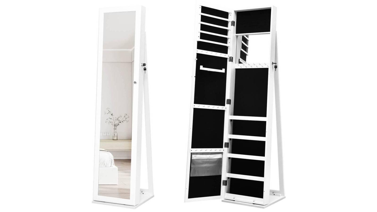 Costway 2-in-1 Cabinet with Full Length Mirror Armoire Lockable Jewelry Storage Organizer Box - White