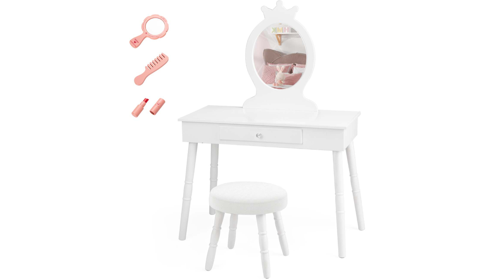 Costway Princess Wood Dressing Table Stool Set with Drawer