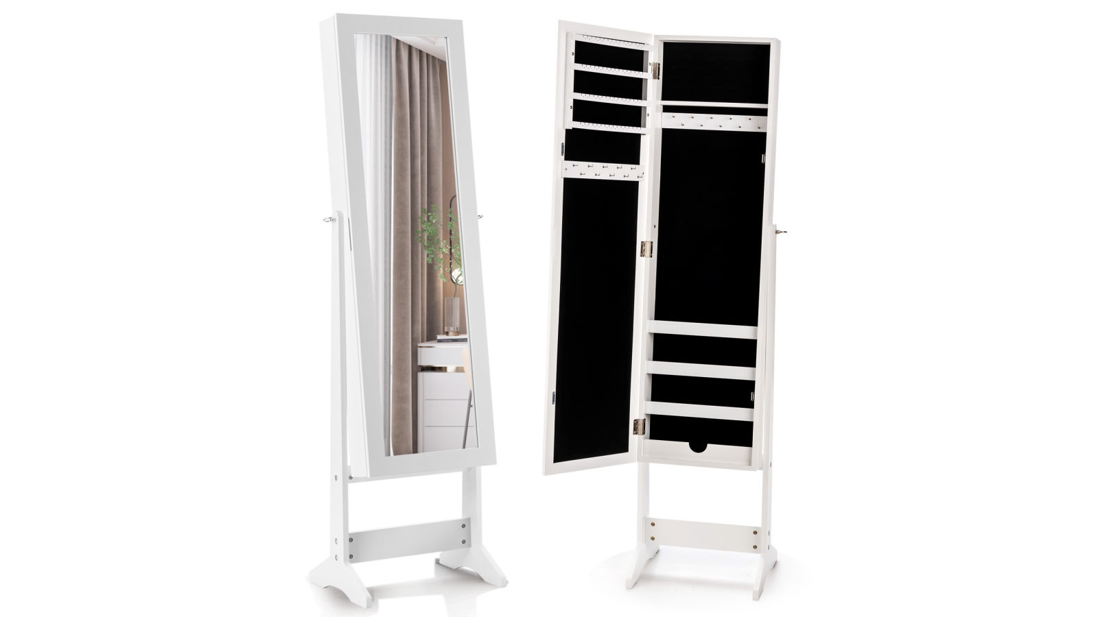 Costway Free Standing Mirrored Jewelry Cabinet Armoire Organizer for Living Room Bedroom - White