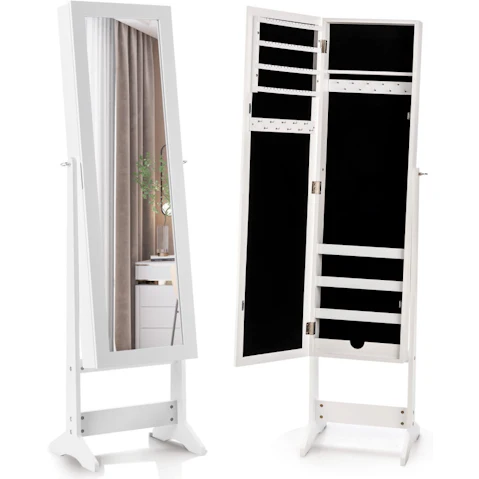 Costway Free Standing Mirrored Jewelry Cabinet Armoire Organizer for Living Room Bedroom - White
