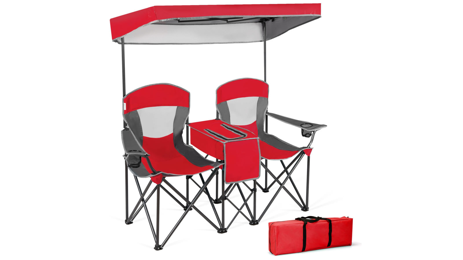 Costway Outdoor Camping Chairs Folding Beach Chairs Armchairs Sun Shade with Carry Bag and Canopy - Red