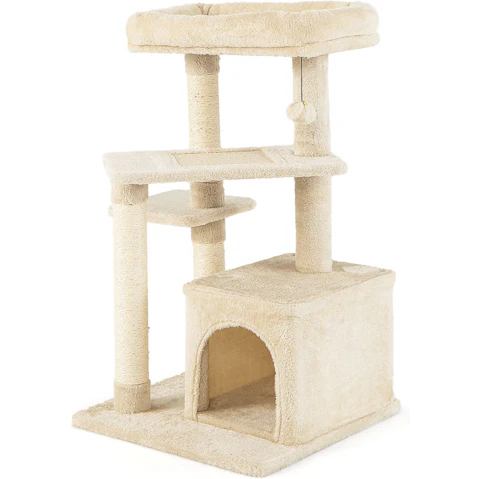 Costway 85cm 4-Tier Sisal Cat Tree Tower Activity Scratching Post with Perch and Play Ball House Bed - Beige