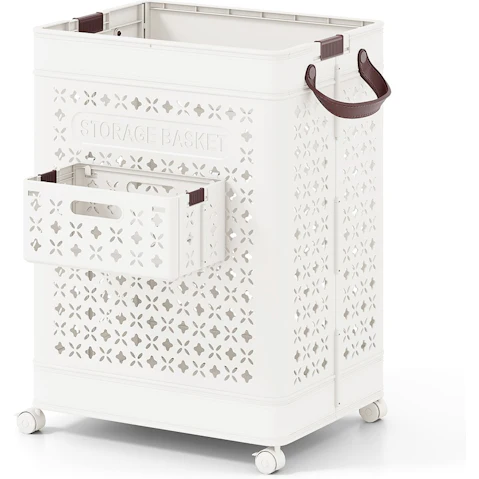 Costway 75 Litre Plastic Collapsible Laundry Hamper with Underwear Basket and Handle - White