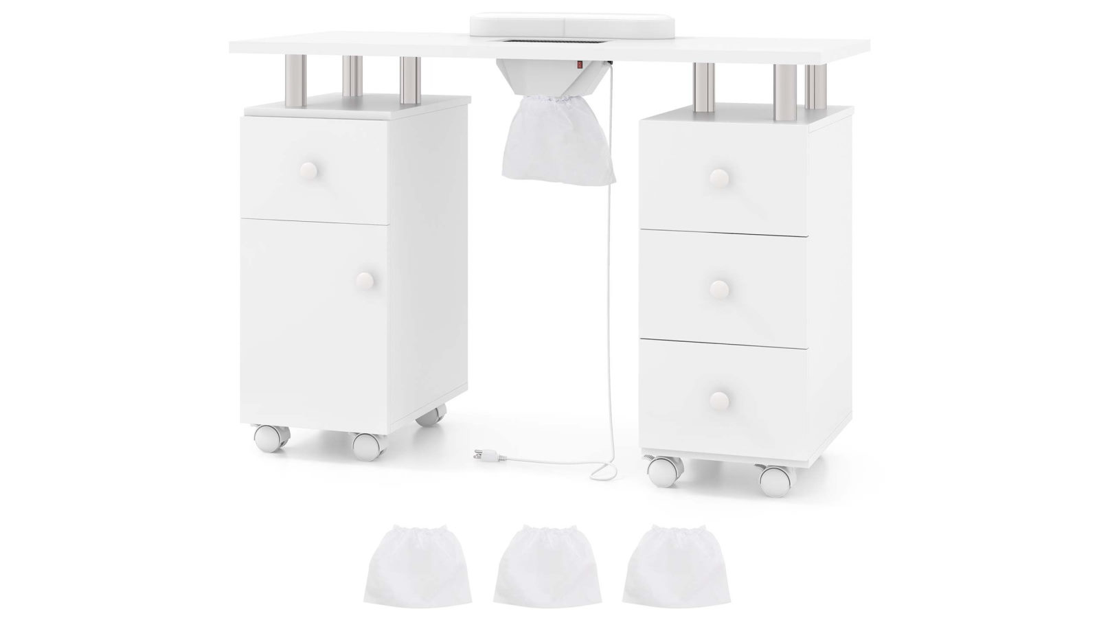 Costway 4 Drawers Rolling Manicure Nail Table with Electric Dust Collector and Dust Bags Nail Tech Desk - White