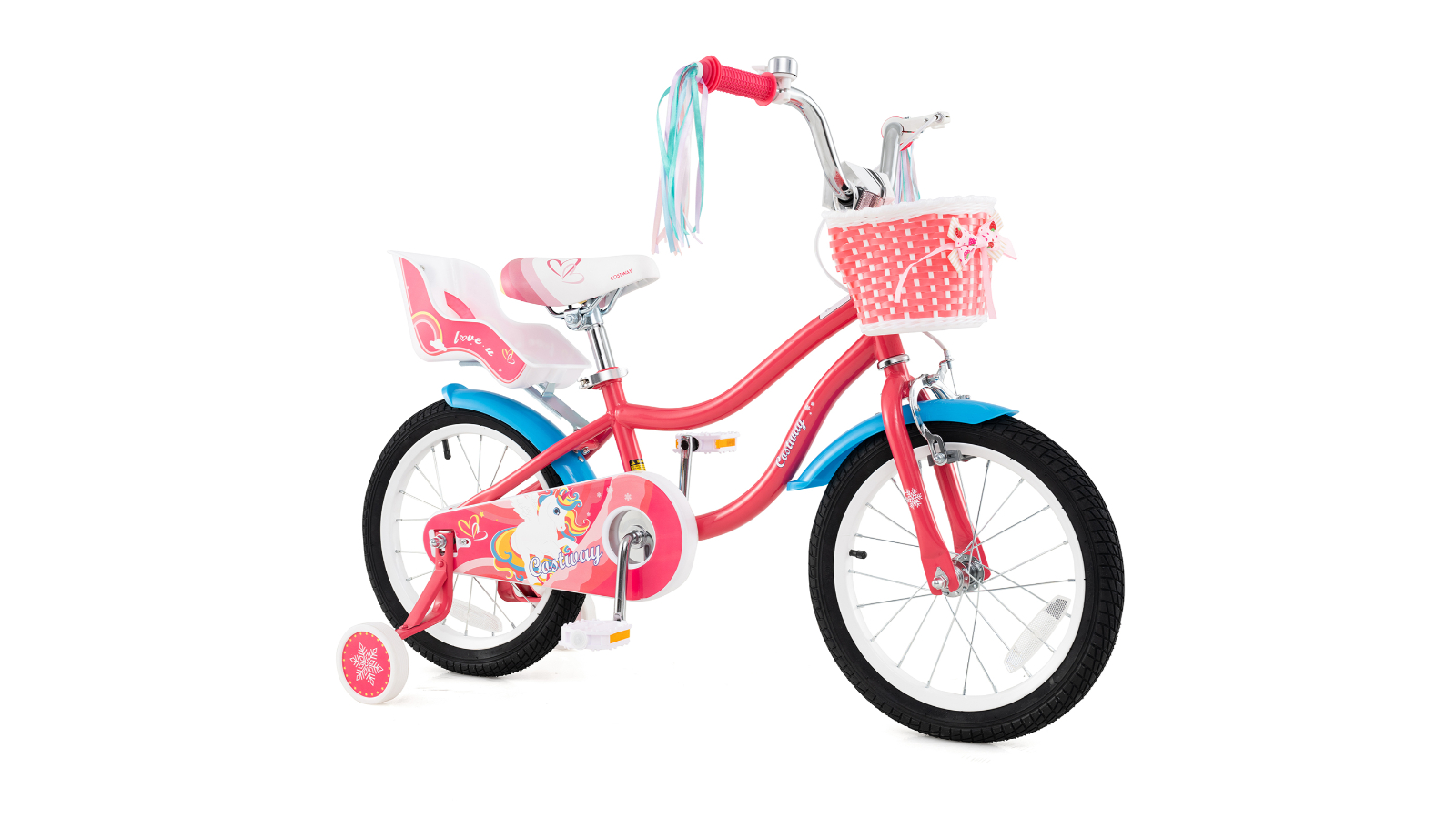 Costway Girls Bike with Basket Doll Seat Colorful Streamers and Training Wheels - 40cm