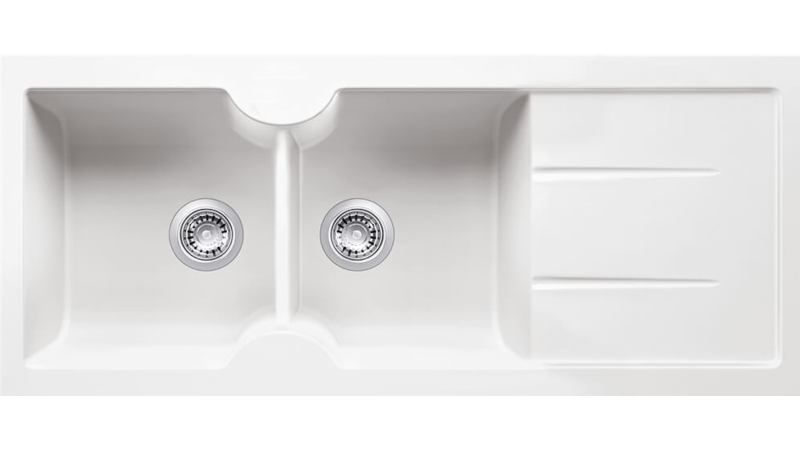 Turner Hastings Cuisine Right Hand Inset Undermount Fireclay Double Bowl and Single Drainer Sink - Gloss White 